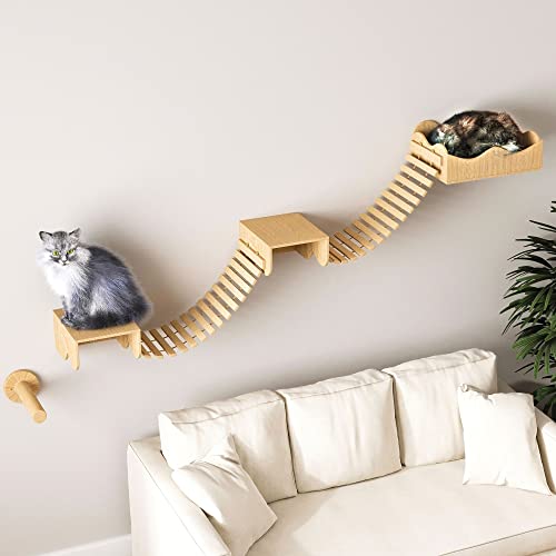 JanYoo Katzenhängematte für Wandmöbel, Katzen-Kletterregale, Katzen-Wandmontage, Katzenbett-Rahmen mit Kratzbaum, 2 Brücken, 2 Plattform-Regalböden von JanYoo