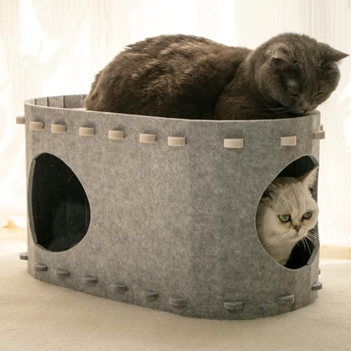 JanYoo Katzenhaus für Drinnen aus Filz Katzenbett Katzenhöhle Gros Katzenhaus Katzentunnel Etagenbett Katzenspielzeug für Große Katzen, Haustierbetten Abnehmbar Keine Verformung(Grey) von JanYoo