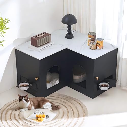 JanflyHome Ecktoilette Gehege für 2 Katzen, 80.0 cm Versteckte Katzentoilette Möbel mit zusammenklappbarer Katzenfutterstation, Innenklo Schrank, 80.0 x 45.0 x 50.0 cm, Schwarz von JanflyHome