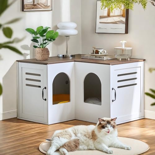 JanflyHome Katzentoilette Gehege, 80.0 cm Versteckte Katzentoilette Möbel für 2 Katzen, Moderne Ecktoilette Schrank mit Doppelzimmer und faltbarem Katzennapf, Indoor Katzenhaus Beistelltisch, Weiß von JanflyHome