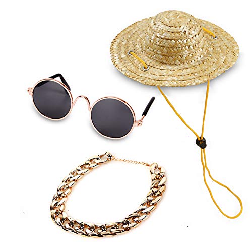 3 x coole Haustierbrille Katze Sonnenbrille Goldkette Kostüm Dekorationen, verstellbare Haustier Strohhut Sonnenbrille und goldfarbenes Kettenhalsband Set von für Katzen und kleine Hunde Vintage Ornament von Jannity