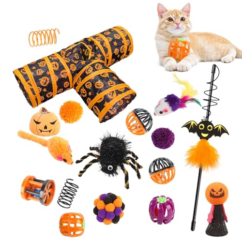 Halloween-Katzenkanal-Spielzeugset – Halloween-3-Wege-Tunnel-Spielzeugkanal-Set | Bell Ball Katzenspielzeug-Set für Kätzchen, Kaninchen, Hauskatzen von Janurium