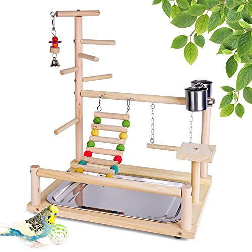 JasCherry Vogel Spielplatz Papagei Spielplatz Holz Gym Vogelständer Barsch Turnhalle Leiter Laufgitter Spielzeug Übungsspiel für Wellensittiche Nymphensittich mit Feeder Cups Tablett Schaukel #A von JasCherry