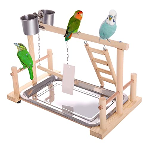 JasCherry Vogel Spielplatz Papagei Spielplatz Holz Gym Vogelständer Barsch Turnhalle Leiter Laufgitter Spielzeug Übungsspiel für Wellensittiche Nymphensittich mit Feeder Cups Tablett Schaukel #B von JasCherry