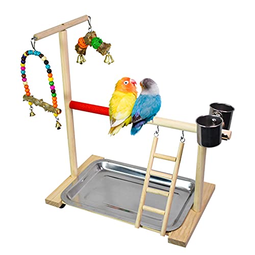 JasCherry Vogel Spielplatz Papagei Spielplatz Holz Gym Vogelständer Barsch Turnhalle Leiter Laufgitter Spielzeug Übungsspiel für Wellensittiche Nymphensittich mit Feeder Cups Tablett Schaukel #D von JasCherry