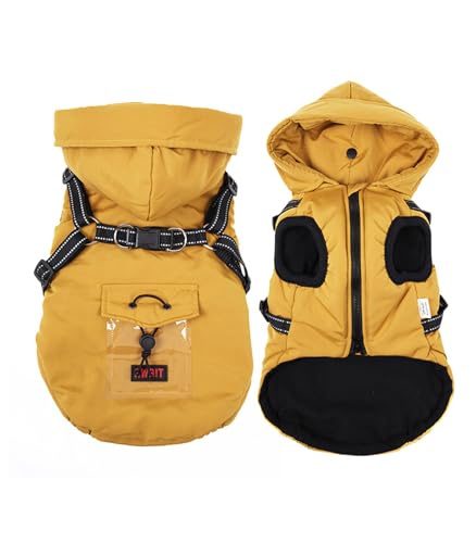 JcDuDoi Hundemantel für den Winter, reflektierende Hundejacke für kaltes Wetter, Weste mit Kapuze, verstellbare Schnalle, gepolstert, warmer Schneeanzug, integriertes Geschirr, wasserdicht, winddicht, von JcDuDoi