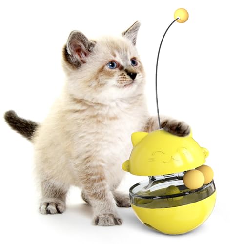 Jectse Transparentes Katzen-Leckerli-Ball-Spielzeug, Hunde-Puzzle-Spielzeug, Interaktiver, Langsam Fütternder Leckerli-Spenderball für Haustiere mit Teasing-Stick für Katzengras, (Yellow) von Jectse