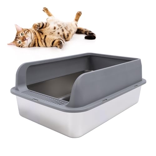 Katzentoilette aus Edelstahl, Geschlossene XL-Katzentoilette mit Hohen Seiten, Antihaftbeschichtete Metalltoilette für Große Katzen, Einfache Reinigung, Inklusive Schaufel, (XL von Jectse