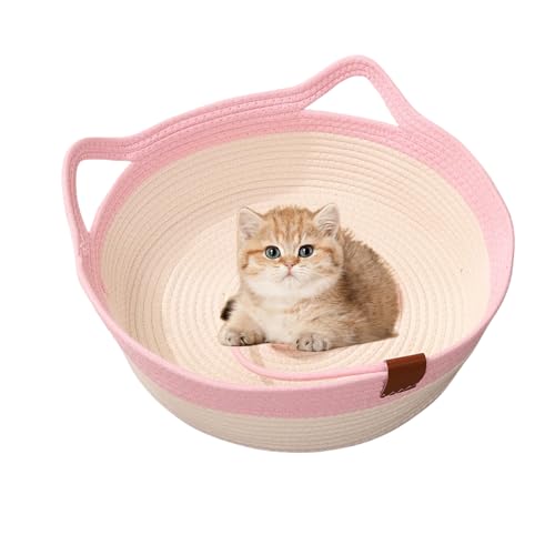 Jeeeun 2025 New Virelapets Woven Rope Cat Basket - Cozy & Durable Cat Bed for Indoor Cats, Handmade Natural Cotton Rope Pet Bed, Perfect for Kittens & Small Pets (Light pink,Large) von Jeeeun