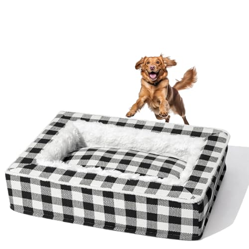 Jeeeun Tartan Cozy Dog Anti-Anxiety Calming Bed, Festive Classic Bed Square, Square Dog Bed, Dog Beds Large Sized, Classic Tartan Pet Bed (Large,Black) von Jeeeun