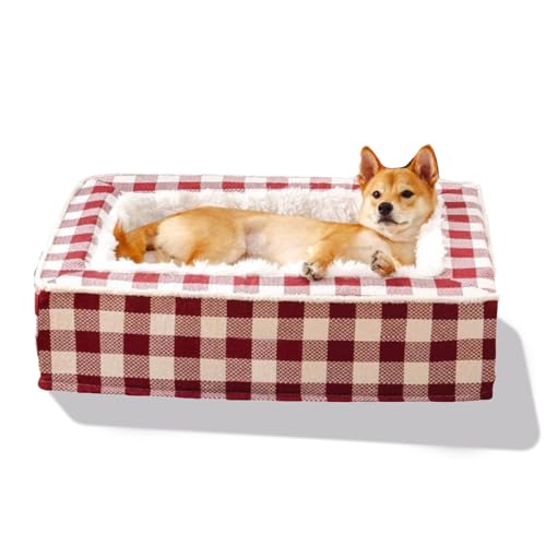 Jeeeun Tartan Cozy Dog Anti-Anxiety Calming Bed, Festive Classic Bed Square, Square Dog Bed, Dog Beds Large Sized, Classic Tartan Pet Bed (Large,Red) von Jeeeun