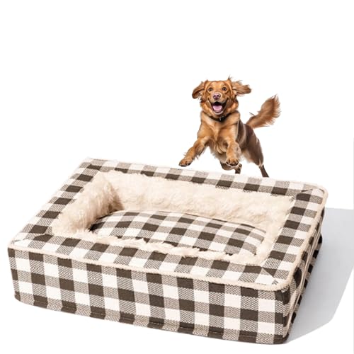 Jeeeun Tartan Cozy Dog Anti-Anxiety Calming Bed, Festive Classic Bed Square, Square Dog Bed, Dog Beds Large Sized, Classic Tartan Pet Bed (Medium,Brown) von Jeeeun