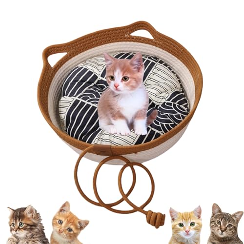 Jeeeun VirelaPets Woven Rope Cat Basket, Hand Woven Cats Bed, Cozy & Durable Cat Bed for Indoor Cats (Brown + Blue Cushion,Large) von Jeeeun