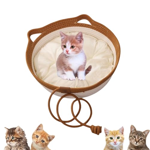 Jeeeun VirelaPets Woven Rope Cat Basket, Hand Woven Cats Bed, Cozy & Durable Cat Bed for Indoor Cats (Brown + White Cushion,Large) von Jeeeun