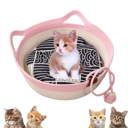 Jeeeun VirelaPets Woven Rope Cat Basket, Hand Woven Cats Bed, Cozy & Durable Cat Bed for Indoor Cats (Light Pink + Blue Cushion,Large) von Jeeeun