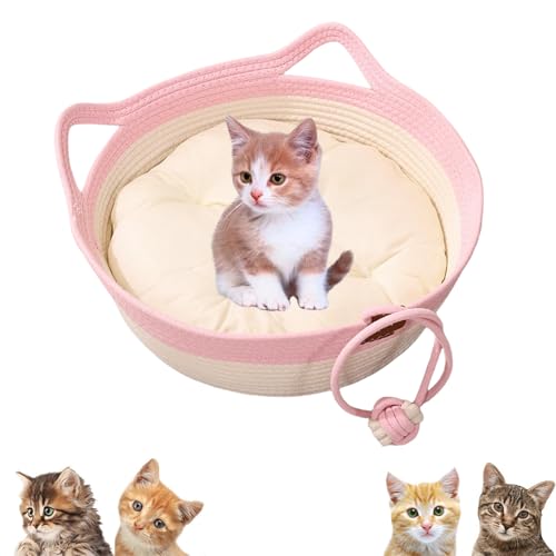 Jeeeun VirelaPets Woven Rope Cat Basket, Hand Woven Cats Bed, Cozy & Durable Cat Bed for Indoor Cats (Light Pink + White Cushion,Large) von Jeeeun