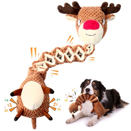 Jeefome Weihnachts-Hundespielzeug für große Hunde: Quietschendes Hundespielzeug, Tauziehen, Plüsch-Hundespielzeug, großes gefülltes Hundespielzeug mit zerknittertem Papier von Jeefome