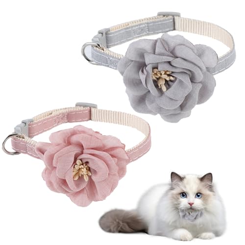 Jeffdad 2 Stück Blumen Katzenhalsbänder, Kamelie Katzenhalsband Verstellbares Baumwoll-Katzenhalsband Quick Release Schnalle Kleine Welpen Haustierhalsband Süßes Halsbänder von Jeffdad