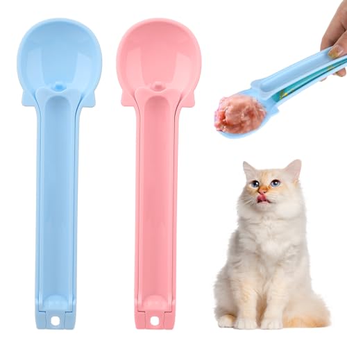 Jeffdad 2 Stück Quetschlöffel für Katzenstreifen, Katzen Feeder Katzen Food Spoon Multifunktionaler Katzenfutter Löffel Cat Treats Spoon, Hängende Design Katze Löffel für Liquid Snack(Rosa+Blau) von Jeffdad