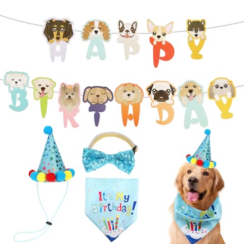 Jeffdad Hund Geburtstag Party Set, Hunde Geburtstag Banner Hut Bandana Hunde-Fliege Geburtstagsmütze Hund Geburtstagsfeier Dekoration Hunde-Geburtstagsparty-Zubehör(Blau) von Jeffdad