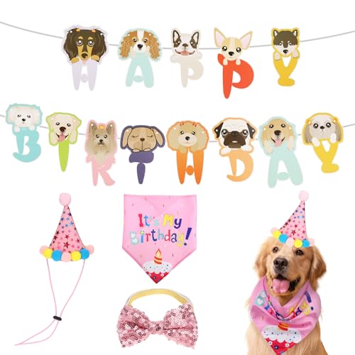 Jeffdad Hund Geburtstag Party Set, Hunde Geburtstag Banner Hut Bandana Hunde-Fliege Geburtstagsmütze Hund Geburtstagsfeier Dekoration Hunde-Geburtstagsparty-Zubehör(Rosa) von Jeffdad