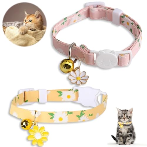 Katzenhalsband mit Glöckchen, Baumwoll-Katzenhalsbänder, gelbe und rosa Blumenanhänger, Sicherheits-verstellbares Katzenhalsband-Set für weibliche Mädchen, Katzen, männliche Jungen, Katzen, 2 Stück von JeiibrZui