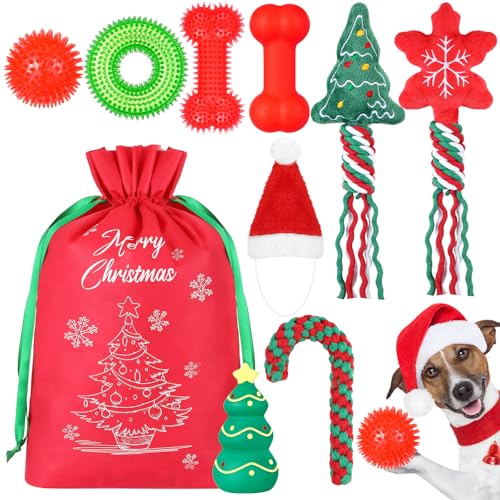 JellyArch Weihnachts-Hundespielzeug, Geschenke mit Hut, Kordelzugbeutel, Kauspielzeug für Welpen, inklusive Quietschspielzeug, Seilspielzeug, Kunststoff, Hundezahnspielzeug, Weihnachtsstrumpf für von JellyArch