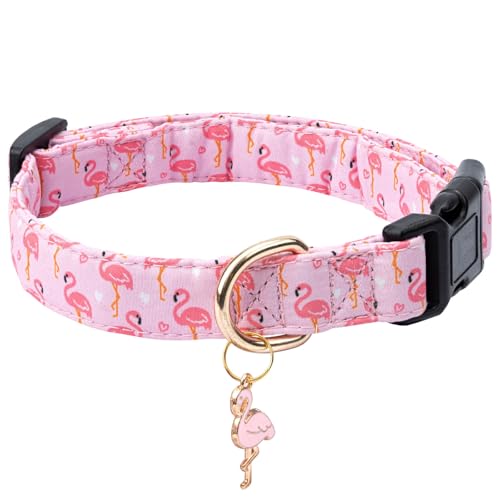 Jelwuion Hundehalsband aus Baumwolle, verstellbar, niedliches Welpenhalsband mit Flamingo-Muster, für kleine, mittelgroße und große Hunde, weiches und ausgefallenes Haustierhalsband mit von Jelwuion