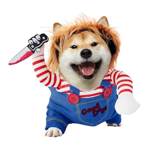 Hunde-Halloween-Kostüm: Chucky Hundekostüm mit Messer für Haustiere, Party, Weihnachten, Cosplay, niedliche Outfits, Kleidung, tödliche Hundekleidung, lustige Hundekostüme, Halloween für kleine, von JenJen Tradition