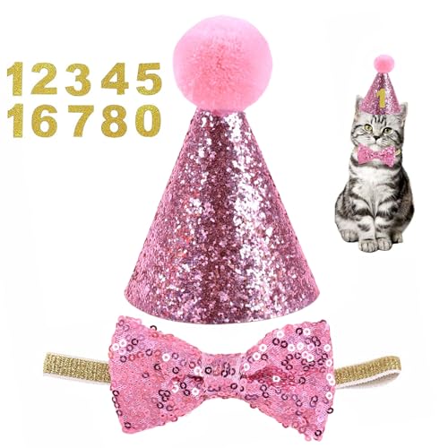 Hundegeburtstag Outfit, süße Paillettenhund-Geburtstagshut und Dog Bow Biegekragen Set mit verstellbarem Stirnband, Hundepartyhut mit Pom-Poms-Topper für kleine mittelgroße Hunde Katzen Haustiere, Hu von Jeorywoet