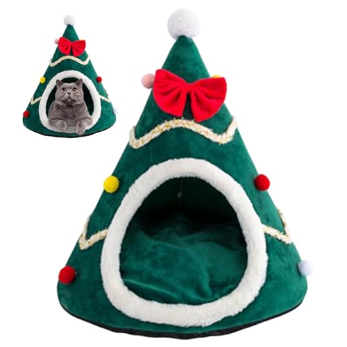 Jeorywoet Weihnachtskatze Bett, Weihnachtsbaum Haustier Haus Plüsch abtrennbares Kissen süße Cartoon Bowknot Dekorative Winter weiche warme Haustierbetthöhle für Katzenhund, Katze Weihnachtshaus von Jeorywoet