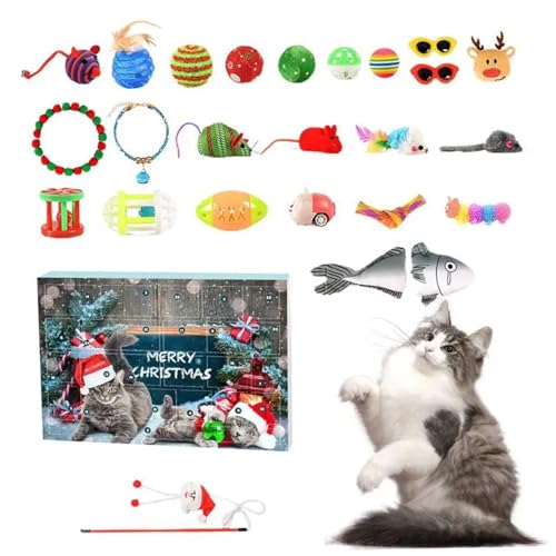 Weihnachts -Countdown -Kalender, Weihnachts -Adventskalender 2024, 24 Tage Weihnachten Countdown -Kalender mit verschiedenen Katzenspielzeugen, interaktives Katzen -Adventskalenderspielzeug für Katze von Jeorywoet