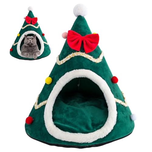 Weihnachtskatze Bett, Weihnachtsbaum Haustier Haus Plüsch abtrennbares Kissen süße Cartoon Bowknot Dekorative Winter weiche warme Haustierbetthöhle für Katzenhund, Katze Weihnachtshaus von Jeorywoet