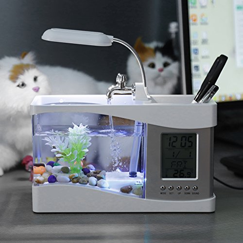 Jerliflyer Mini-Aquarium, Multifunktionales USB-wiederaufladbares Aquarium, Elektronisches Desktop-Aquarium Mit Uhrfunktion, LCD-Display,LED-Licht, Stifthalter Für Büro Und Zuhause(Weiß) von Jerliflyer