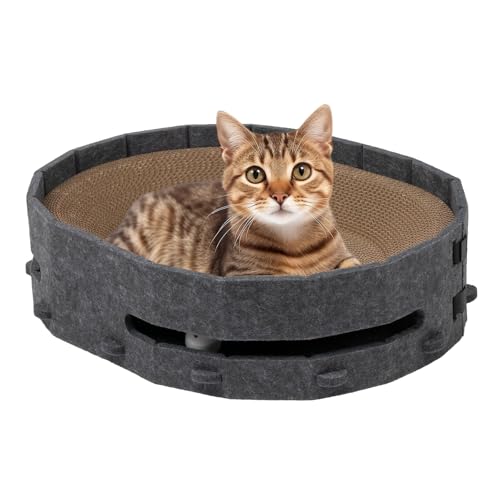 Scratch Lounge Katzenbett, Karton Katzenkratzbett mit Ball Spielzeug in Box Interaktiv für Spaß, Abnehmbare Katzenkratzunterlage für Indoor Katzen, Katzenkratzbrett mit Filzbox Sammeln von Resten von Jerylota