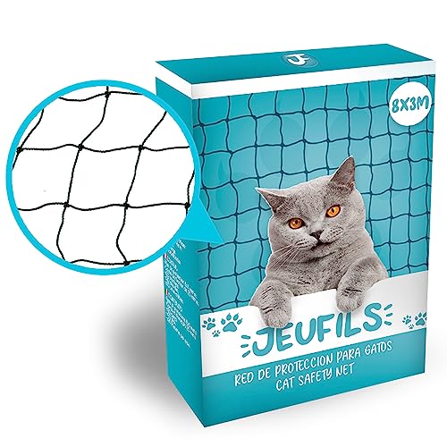 Jeufils® Katzennetz für Terrasse (8 x 3 m) | Katzennetz, inkl. Befestigungsset, Bedienungsanleitung - Katzennetz für Terrasse (schwarz), Katzennetz von Jeufils