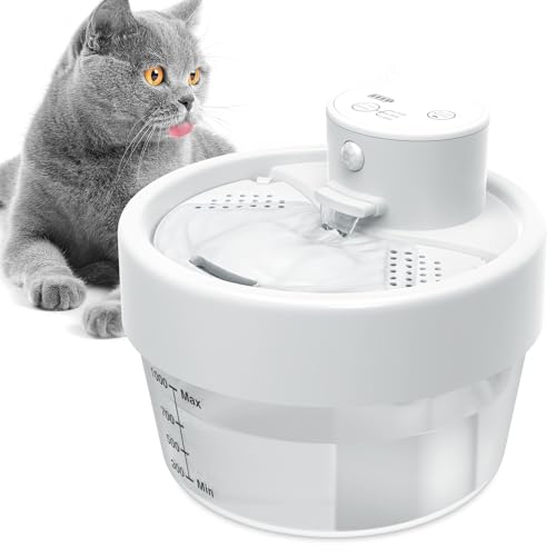 Jewyow 1L Katzenbrunnen Kabellos, Leiser Trinkbrunnen für Katze, 120° Bewegungsmelder Katzentrinkbrunnen mit Batterie Anzeige, 3 Modus, 1000mAh für Katzen, Hunde von Jewyow