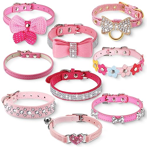 9 Stück Valentinstag Hundehalsbänder Rosa Strass Hundehalsband PU Leder Mädchen Welpen Halsbänder Bling Kristall Katze Hundehalsband mit Schleife Knochen Herz Blume für Haustier Hunde Katzen Halsband von Jexine