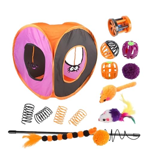 Jextou Katzenspielzeug für den Innenbereich, Kitten Starter Kit Bundle - Süßes Katzenspieltunnelspielzeug,Interaktives Federball-Federspielzeug, Katzenwürfel, Faltbarer quadratischer Halloween-Tunnel von Jextou