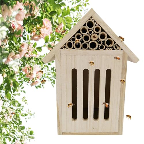 Bienenhaus aus Holz, Gartenbienenhaus | Naturholz-Maurer-Bienenkasten,Bees Wild Pollinator Hotel, Outdoor Garden Bee Hotel, stilvolle und robuste Gartendekoration für friedliche Bienenbestäuber von Jiangbao