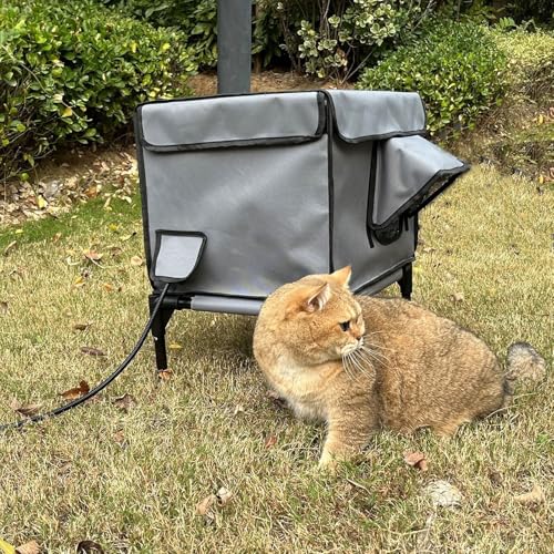 Jiawu Beheiztes Katzenhaus Im Freien für den Winter, Wetterfester Unterschlupf für Wilde Katzen Im Freien mit Timer, Isoliertes, Erhöhtes Katzenhaus mit Fluchttür für Scheunenkatzen von Jiawu