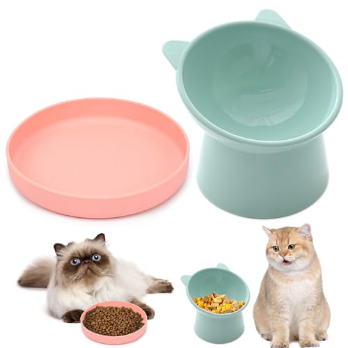 Jicyor 2 Stück Katzen Napfset, Futternapf Katze, Fressnäpfe für Katzen, Katzennapf Set mit Silikon Katzenteller und Erhöhter Futternapf Katze, Katzennapf Flach Erhöht Set für Futter und Wasser von Jicyor