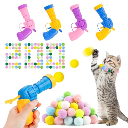JieyueJewelry 204 Stück Katzenspielzeugbälle Katzenball-Werfer-Spielzeug, Katzenspielzeugbälle mit 4 Stück Launcher und 200 Stück Pompons, Katzenspielzeug, interaktiv mit bunten Katzenbällen für von JieyueJewelry