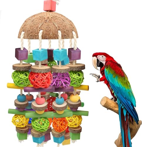 Großer Vogel Papagei Kauspielzeug, Sittichkäfig Biss Spielzeug Natur Durable Kauen Mehrfarbige natürliche Holzblöcke ,Rattan Ball und Kokosnuss Shell Tearing Spielzeug für große Vogel Amazon Papageien von Jijizhazha