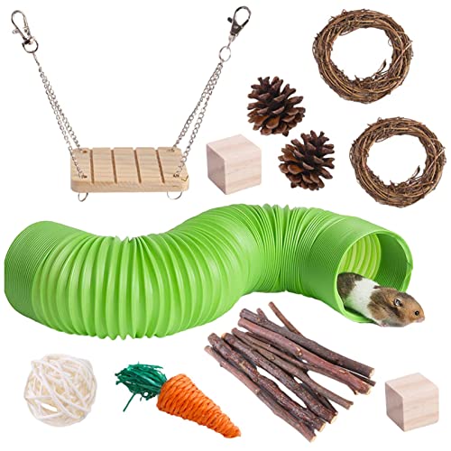 Jildouf Hamster Kauspielzeug - 11-teiliges Kaninchen-Naturspielzeug-Set aus Holz,Meerschweinchen Spielzeug Hamster Zubehör Kausnacks für Kaninchen Häschen Chinchilla Hamster Versteck Tunnel Timothy von Jildouf