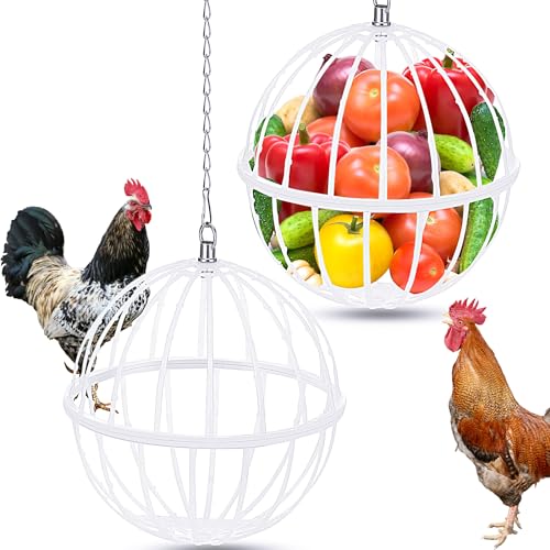 Jingmore 2 Stück Hängende Hühner-Futterstation 20 cm Hühner-Gemüse-Leckerli-Ball mit 40 cm Kette Huhn Ball Käfig Hühner-Leckerli-Spender Hühner-Leckerli-Halter für Hühner Futterstall Spielzeug, Weiß von Jingmore