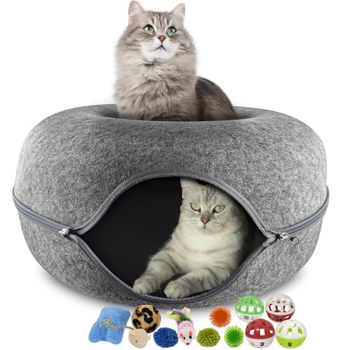 Jinkenz Katzentunnelbett – großes Katzen-Donut-förmiges Katzenversteck Katzenhöhle Bett Peekaboo Katzenhöhle Reißverschluss und Bonus-Spielzeug-Set – Grau, 61 x 61 x 27,9 cm von Jinkenz