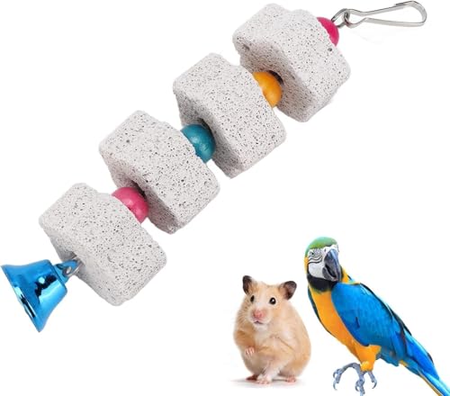 1 x graues Mini-Vogel-Kauspielzeug – Papageienschnabelschleifen Kalziumstein mit Glocken, Vogelkäfig-Zubehör, Käfigspielzeug für Hamster und andere Kleintiere, klein in der Größe und geringes Gewicht, von Jinshining