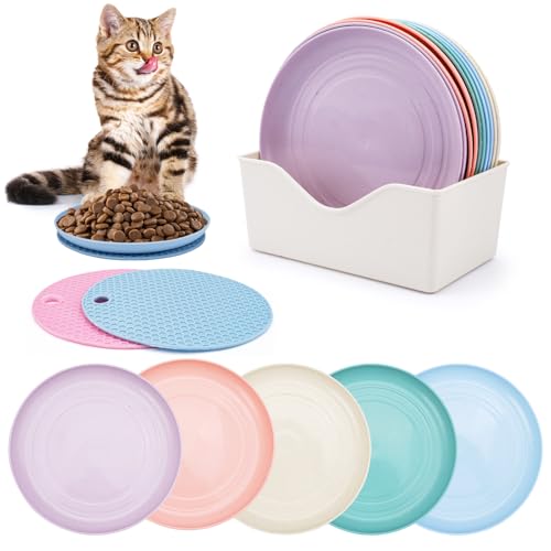 10 Stück Katzennapf Flach mit 2 Antirutsch Matte, Futternapf Katze Flach, PP Material Flache Katzennäpfe, Leicht zu Reinigen Katzenschüssel Flach, Cat Bowl, Spülmaschinenfest Bunt Katzen Napfset von Jinsion