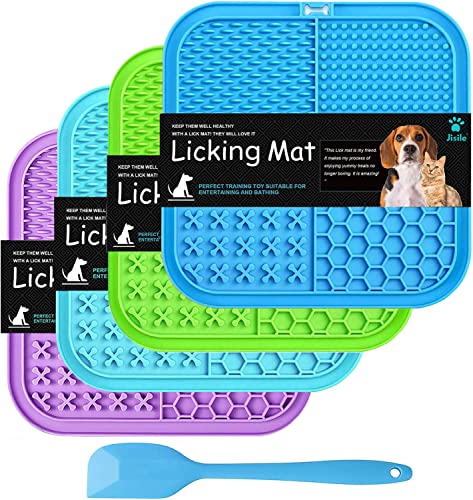 Leckmatte für Hunde und Katzen, 4 Stück, langsames Füttern, Leckpat, Hundespielzeug, Futtermatte, Angstlinderung mit Saugnäpfen für Butterfutter, Joghurt, Erdnuss, cyan, lila) von Jisile